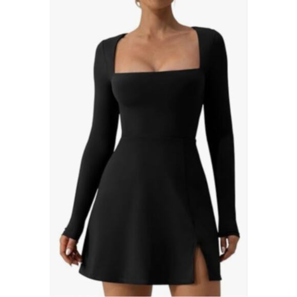 Qinsen Black Square Neck long sleeve Dress - Picture 1 of 3